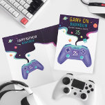 Video Gamer Level Up  Personalized Birthday Age Card<br><div class="desc">We've designed this fun and bright video game theme birthday card. The design features a colourful purple and teal video game controller with the top of the card depicting a virtual game space that included stars planets and other references to a virtual video game concept. Customize with name and age....</div>