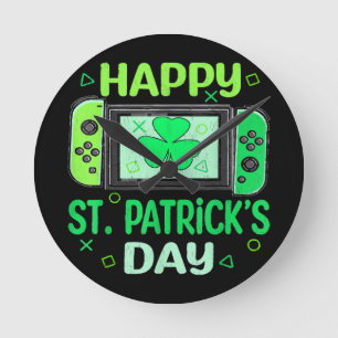 Video Gamer Shamrock Happy St Patricks Day Round Clock