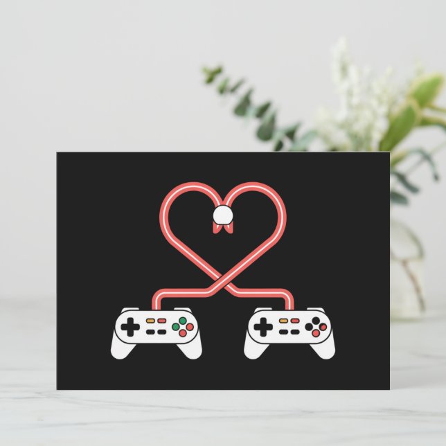 Video Gamer Valentines Day With Controllers Heart  Holiday Card (Standing Front)