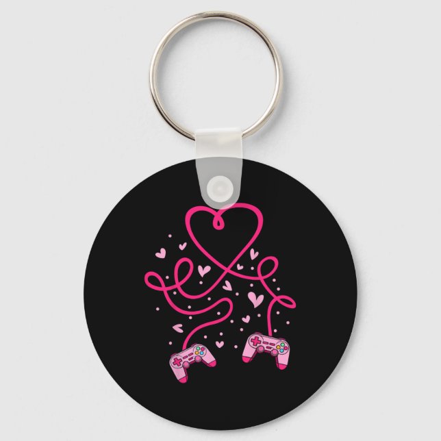 Video Gamer Valentines Day With Controllers Heart  Keychain (Front)