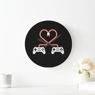 Video Gamer Valentines Day With Controllers Heart Large Clock