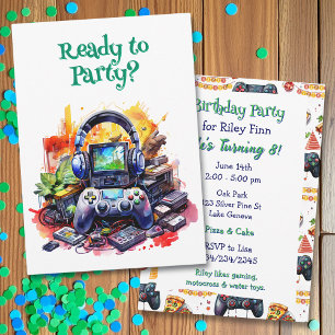 Video Games and Pizza Boy's Birthday Party Invitation