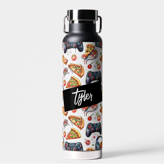 Video Games and Pizza Monogrammed Water Bottle (Front)