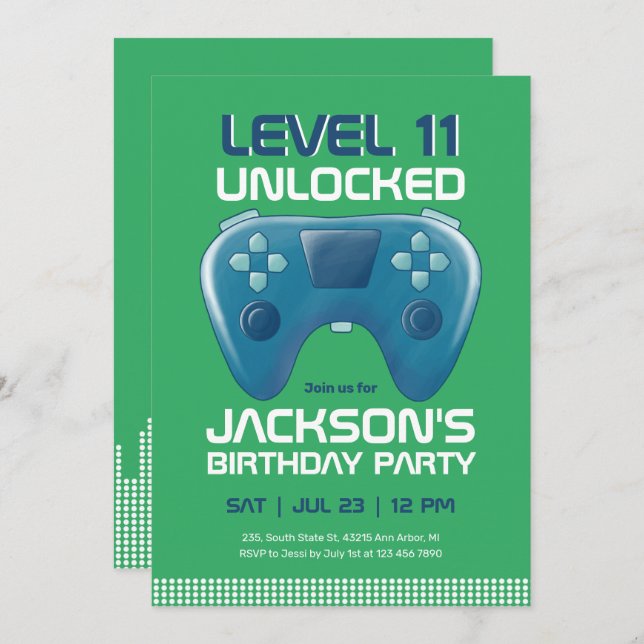 Video Games Level Unlocked Green Gamer Birthday Invitation (Front/Back)