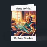 Video Gaming Themed Birthday for a Grandson Card<br><div class="desc">Cute sentimental happy birthday card from a grandma to a grandson. Comic book style art depicting a Grandma playing video games on the tablet with her grandson.</div>