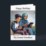 Video Gaming Themed Birthday for a Grandson Card<br><div class="desc">Cute sentimental happy birthday card from a grandma to a grandson. Comic book style art depicting a Grandma playing video games on the tablet with her grandson.</div>