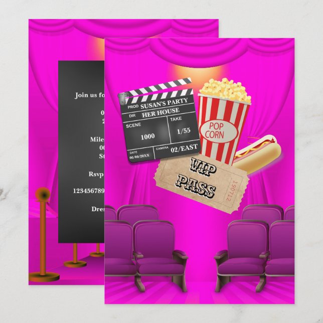 Vidéo VIP popcorn ticket clappeur carte filles fêt (Devant / Derrière)