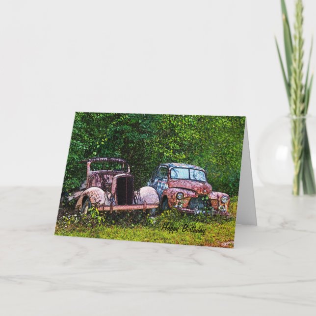 Vieille carte d'anniversaire de voitures (Devant)