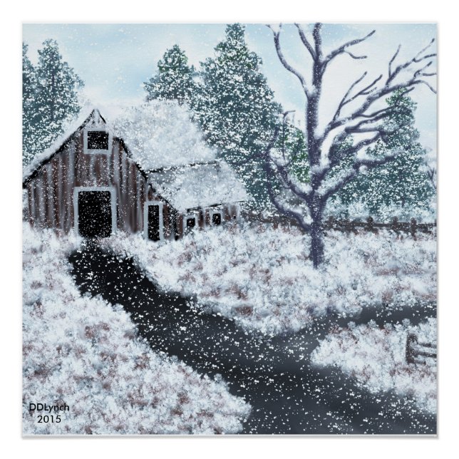 Vieille grange hiver scène neige chute poster (Devant)