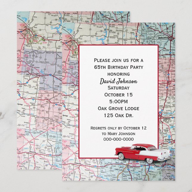 Vieille voiture sur la carte 65e anniversaire (Devant / Derrière)