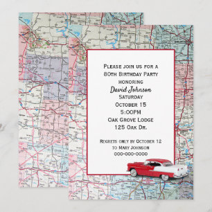 Vieille voiture sur la carte pour 80e anniversaire
