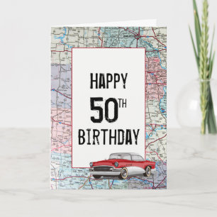 Vieille voiture sur la carte routière 50e annivers