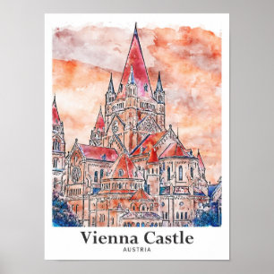 Vienna Castle Austria Travel Watercolor Hand Drawn Poster