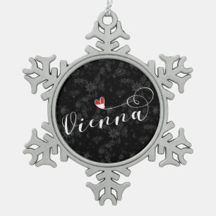Vienna Flag In Heart, Austria, Viennese Snowflake Pewter Christmas Ornament