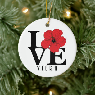 Viera LOVE Red Hibiscus  Ceramic Ornament