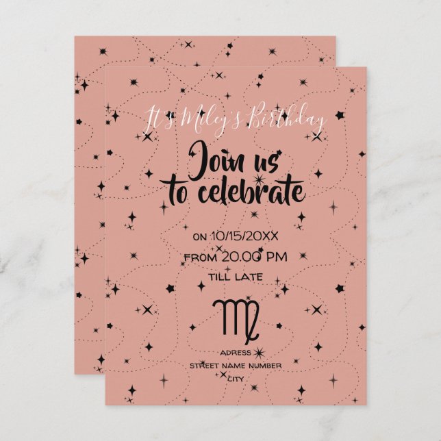 vierge céleste rose noir étoiles invitation d'anni (Devant / Derrière)