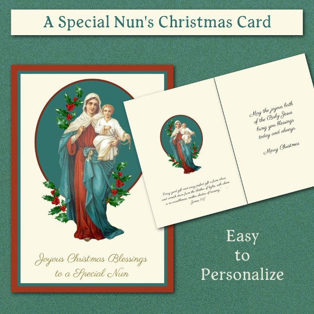 Vierge de Noël Marie Jésus Nun catholique Rosaire (Traditional Catholic Nun's Christmas Card with Virgin Mary and Jesus )