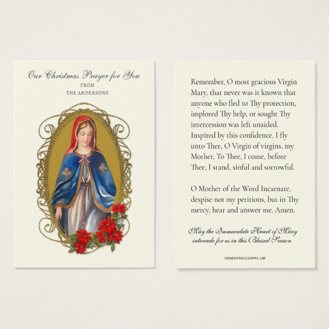 Vierge de Noël Marie Mémoire Prière Poinsettia (Devant & derrière)