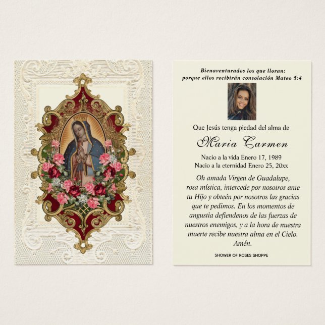 Vierge Mexique Guadalupe Espagne prière funéraire (Devant & derrière)