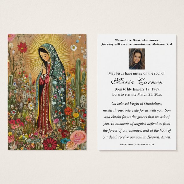 Vierge religieuse Marie Guadalupe Funérailles cath (Devant & derrière)