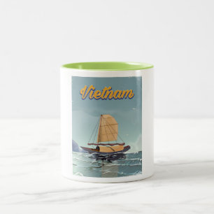 Vietnam fishing boat vintage travel poster Two-Tone coffee mug