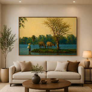 Vietnam Floating Season Water Buffalo Oil Painting Canvas Print
