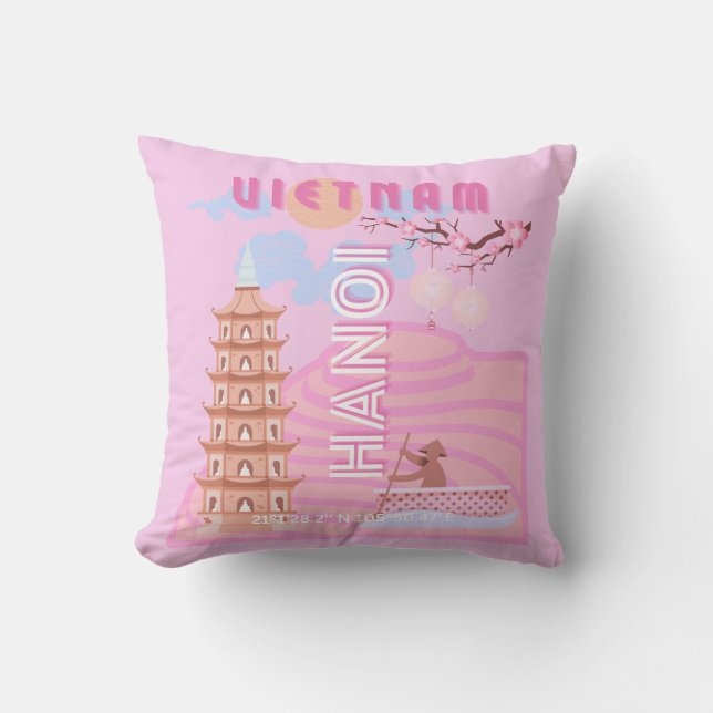 Vietnam Travel Art, Pink Throw Pillow (Front)