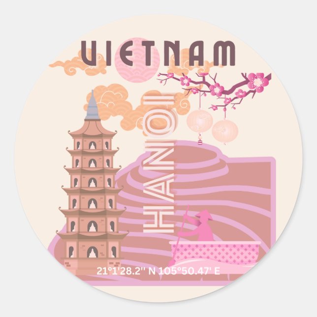 Vietnam Travel Art, Retro Classic Round Sticker (Front)
