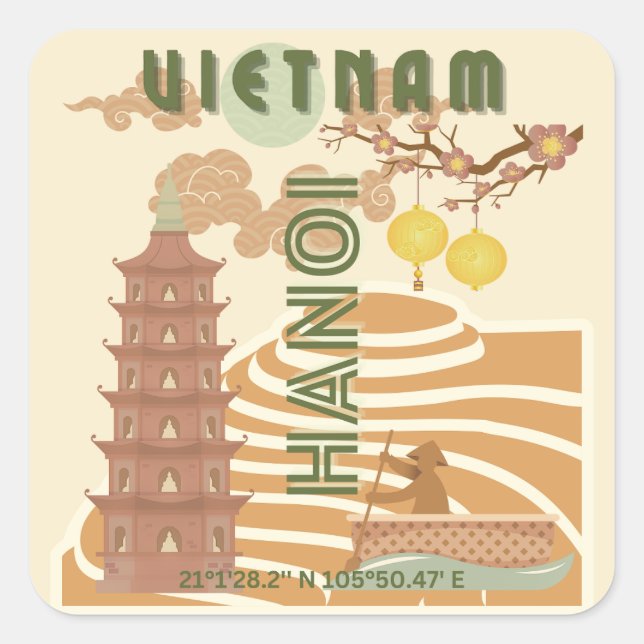 Vietnam Travel Art, Vintage Square Sticker (Front)