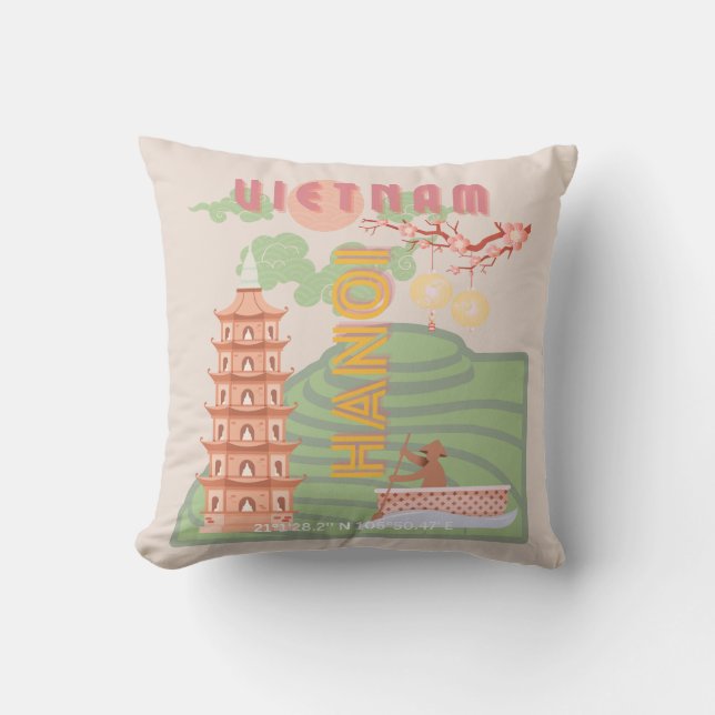 Vietnam Travel Art, Vintage Throw Pillow (Front)