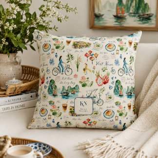 Vietnam Watercolor Monogram Throw Pillow
