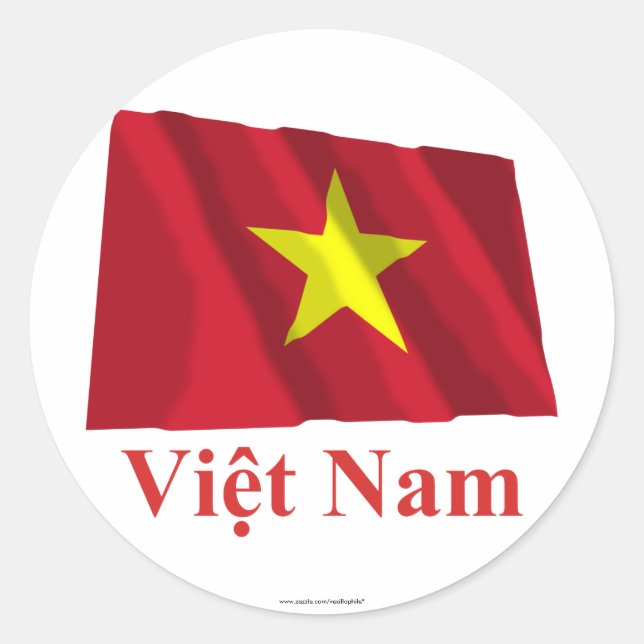 Vietnam Waving Flag with Name in Vietnamese Classic Round Sticker (Front)