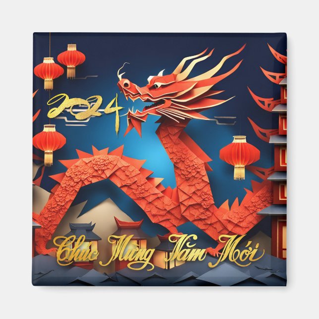 Vietnamese Dragon New Year 2024 Origami SqM Magnet (Front)