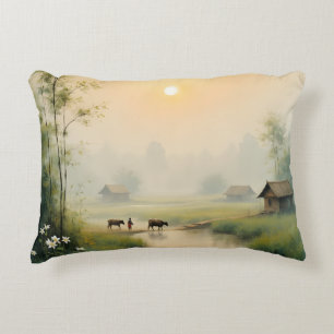 Vietnamese Morning Mist Village Watercolor Art Accent Pillow