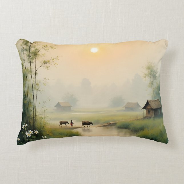Vietnamese Morning Mist Village Watercolor Art Accent Pillow (Front)