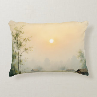 Vietnamese Morning Mist Village Watercolor Art Accent Pillow