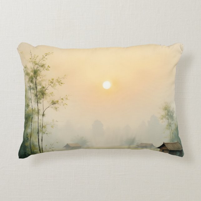 Vietnamese Morning Mist Village Watercolor Art Accent Pillow (Front)