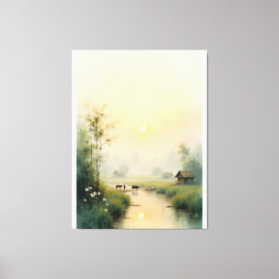 Vietnamese Morning Mist Village Watercolor Art Canvas Print