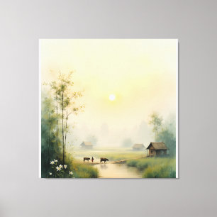 Vietnamese Morning Mist Village Watercolor Art Canvas Print