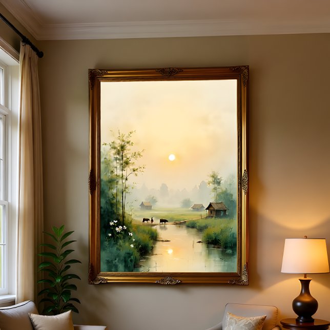 Vietnamese Morning Mist Village Watercolor Art Canvas Print (Creator Uploaded)