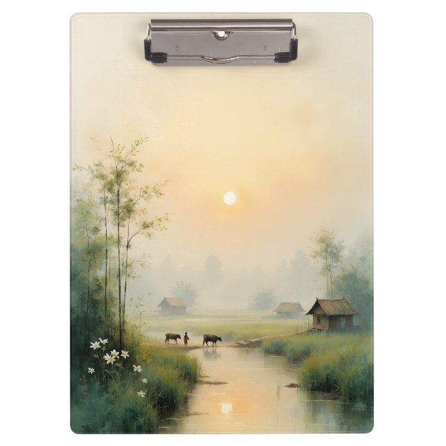 Vietnamese Morning Mist Village Watercolor Art Clipboard (Front)