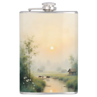 Vietnamese Morning Mist Village Watercolor Art Hip Flask