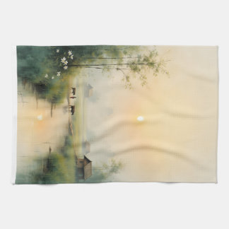 Vietnamese Morning Mist Village Watercolor Art Kitchen Towel