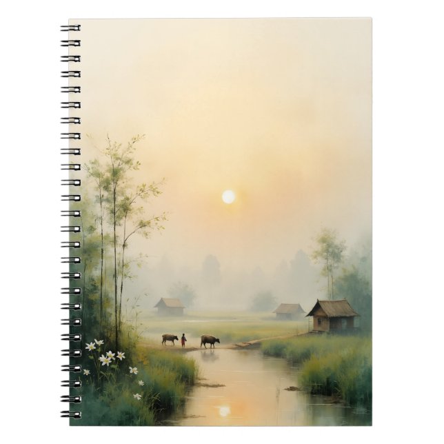 Vietnamese Morning Mist Village Watercolor Art Notebook (Front)