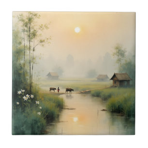 Vietnamese Morning Mist Village Watercolor Art Tile