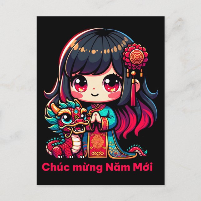 Vietnamese New Year Girl & Red Dragon Postcard (Front)