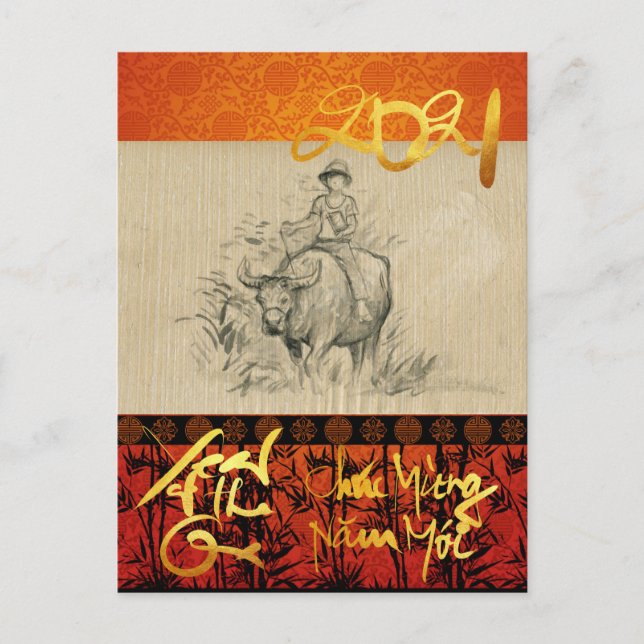 Vietnamese New Year Têt OX and Child 2021 HpostC Holiday Postcard (Front)