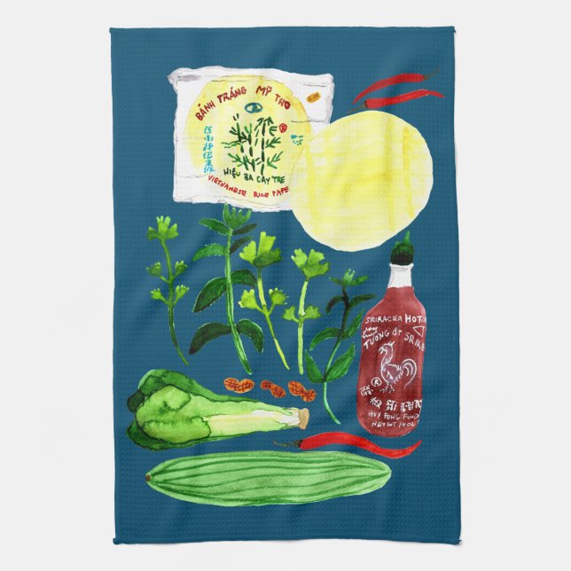 Vietnamese Rice Paper Rolls Recipe Watercolor Kitchen Towel (Vertical)