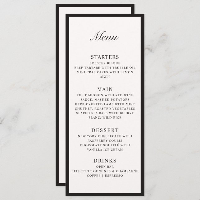 Vieux argent encadré Ivoire Mariage plat menu (Devant / Derrière)