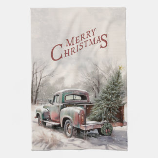 Vieux camion Noël Arbre Serviette de cuisine